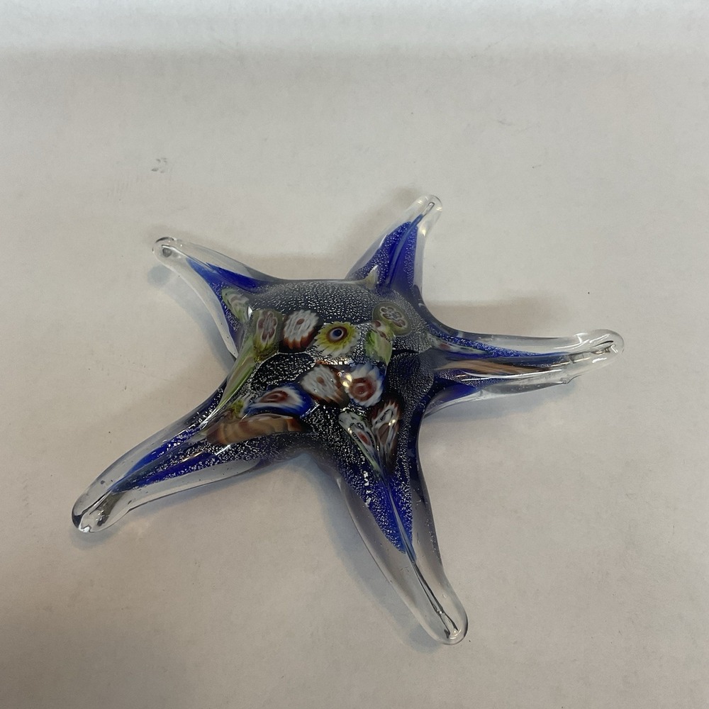 Vintage Art Glass Starfish Paperweight Blue Millefiori Aquatic Art Glass